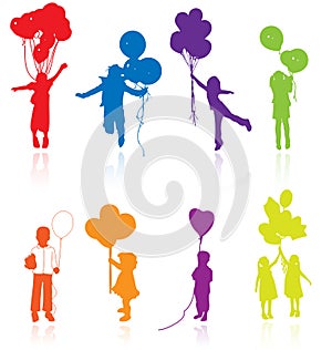 Silhouette children kids girl party balloons balloon kid silhouettes with happy little jumping playing people child vector play up