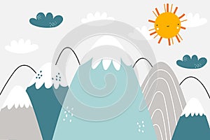 Vector children hand drawn color mountain illustration in scandinavian style. Mountain landscape, clouds and cute sun