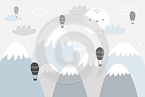 Vector children hand drawn doodle mountain illustration in scandinavian style. Mountain landscape, clouds, air balloons photo