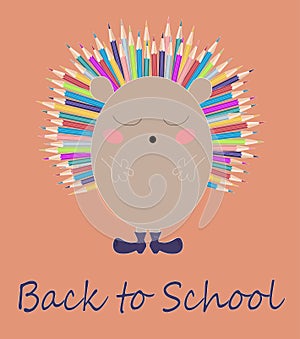 Vector children illustration, print with cute hedgehog with colorful pencils as needles . Back to school cartoon card.