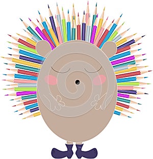 Vector children illustration, print with cute hedgehog with colorful pencils as needles . Back to school. Transparent background.