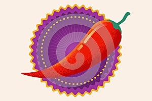 Vector chilli pepper in retro style is on purple banner. Vector vintage emblem with red chili pepper. Chilli logo in Mexican style