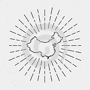 Vector China Map Outline with Retro Sunburst.