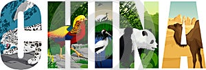 Vector China word with snow leopard, Golden pheasant, Red-crowned crane, camel, giant panda and great wall