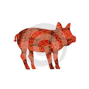 Vector Chinese Clouds Pattered Pig, Isolated Illustration, New Year 2019 Symbol.
