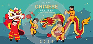 vector chinese new year with Dragon dance parade illustration