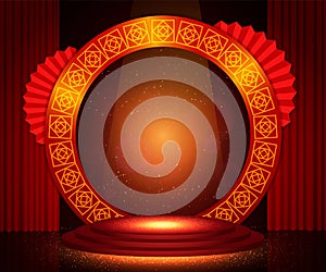 Vector Chinese new year illustration with stage pedestal, asian elements and curtains