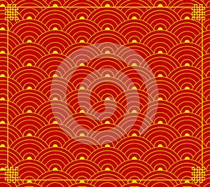 Vector Chinese Ornament, Wave Shapes, Circles Background, Red-Gold Colors, Backdrop with Corners.