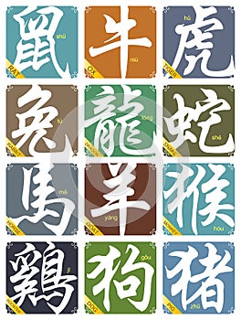 Vector 12 Chinese zodiac signs set