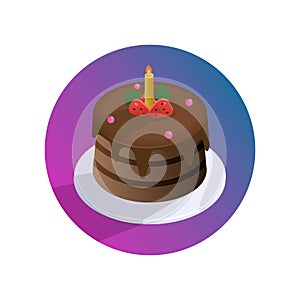 Vector chocolate birthday cake with strawberries and candle on a plate