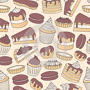 Vector chocolate pastry repeat pattern with cakes, pies, muffins, pancakes, macarons
