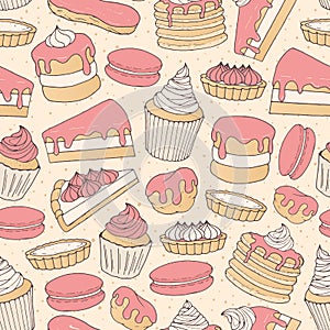 Vector chocolate pastry seamless pattern with cakes, pies, muffi