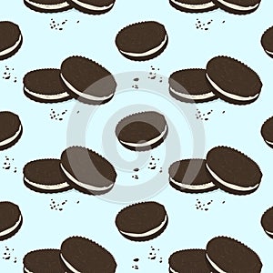 Vector chocolate sandwich cookies pattern. Cute food texture. Delicious cake breakfast print. Chip double chocolate