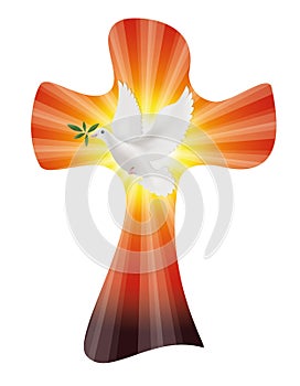 Vector christian cross with dove and olive branch on sunset or sunrise background with light rays. Peace symbol