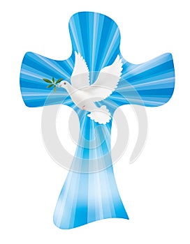 Vector christian cross with dove and olive leaves on sky background with luminous rays. Peace symbol