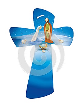 Vector christian cross whit nativity scene on blue background