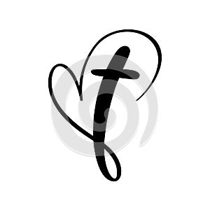 Vector Christian logo Heart with Cross on a White Background.  Hand Drawn Calligraphic symbol. Minimalistic