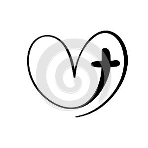 Vector Christian logo Heart with Cross on a White Background. Hand Drawn Calligraphic symbol. Minimalistic religion icon