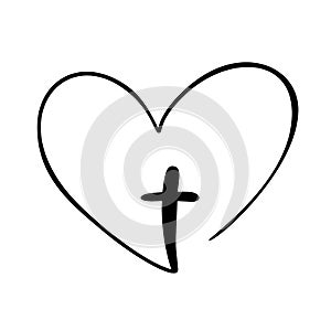 Vector Christian logo Heart with Cross on a White Background. Isolated Hand Drawn Calligraphic symbol. Minimalistic