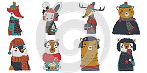 Vector christmas animals collection illustration with eight animals wearing festive winter clothes. cute funny kiddie xmas set.