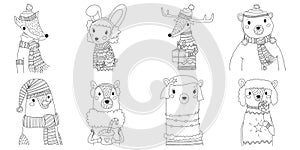 Vector christmas animals silhouette collection illustration in line art with eight animals wearing winter clothes. cute xmas set.