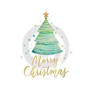 Vector Christmas background with gold hand lettering calligraphy and christmas tree watercolor