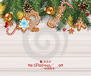 Vector Christmas background with sweet gingerbreads, decorations, tangerines