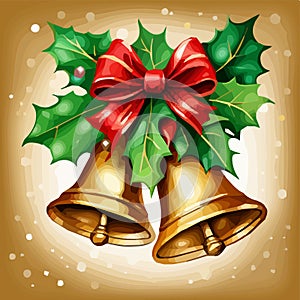 Vector Christmas Background with Two Bells and red bow, vector illustration