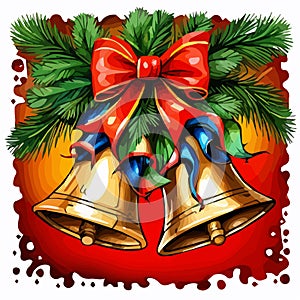 Vector Christmas Background with Two Bells and red bow, vector illustration