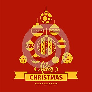 A vector christmas balls set in a shape of a christmas tree. Merry christmas lettering with christmas with ornamented balls. Chris