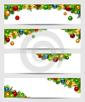 Vector Christmas banners with fir branches and colorful balls.