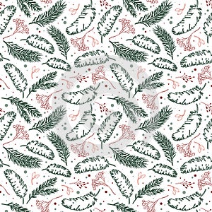 Vector Christmas berries, cones and pine branches. Seamless forest background.