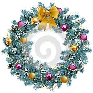 Vector Christmas Blue Fir Wreath with Golden Bow