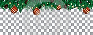 Vector of Christmas border with fir branches pine cones berries and lights on grey checkered for holiday festival celebration