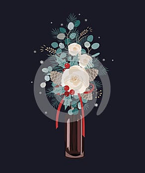 Vector Christmas bouquet decoration on dark background. Christmas tree, roses, pine cones, and eucalyptus branches