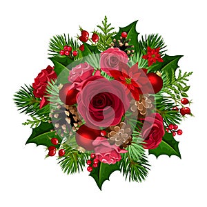 Christmas bouquet with red roses, poinsettia, balls, holly, cones and fir branches. Vector illustration.