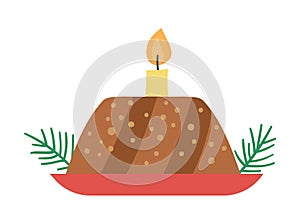 Vector Christmas cake with conifer twigs and candle isolated on white background. Cute funny illustration of new year pastry.