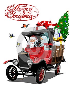 Vector Christmas card with cartoon retro Christmas truck