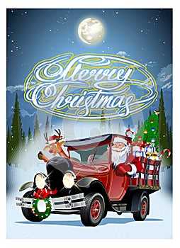 Vector Christmas card with cartoon retro Christmas truck