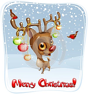 Vector Christmas card with funny cartoon baby reindeer characters