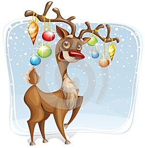 Vector Christmas card with funny cartoon reindeer character