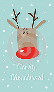 Vector Christmas card: red nose reindeer on a snowy turquoise ba