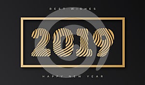 Vector christmas card with sign 2019 happy new year gold style