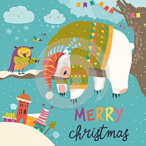 Vector Christmas card with sleeping polar bear and little owl