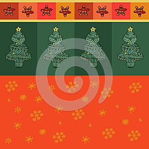 Vector christmas card with snowflakes, trees, stars. Seamless background. Red and green design. Xmas tree.