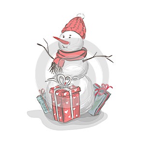 Vector christmas card snowman with a gift