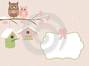 Vector Christmas Card Template with Owls Sitting on Branch and Winter Elements