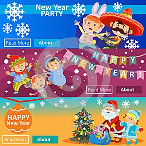 Vector Christmas carnival party, matinee invitation, 3 posters with children in costumes, Santa Claus. New year banners