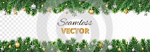 Vector Christmas decoration. Christmas tree border, frame with golden ornaments.