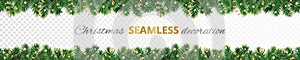 Vector Christmas decoration. Christmas tree border, frame with golden ornaments.